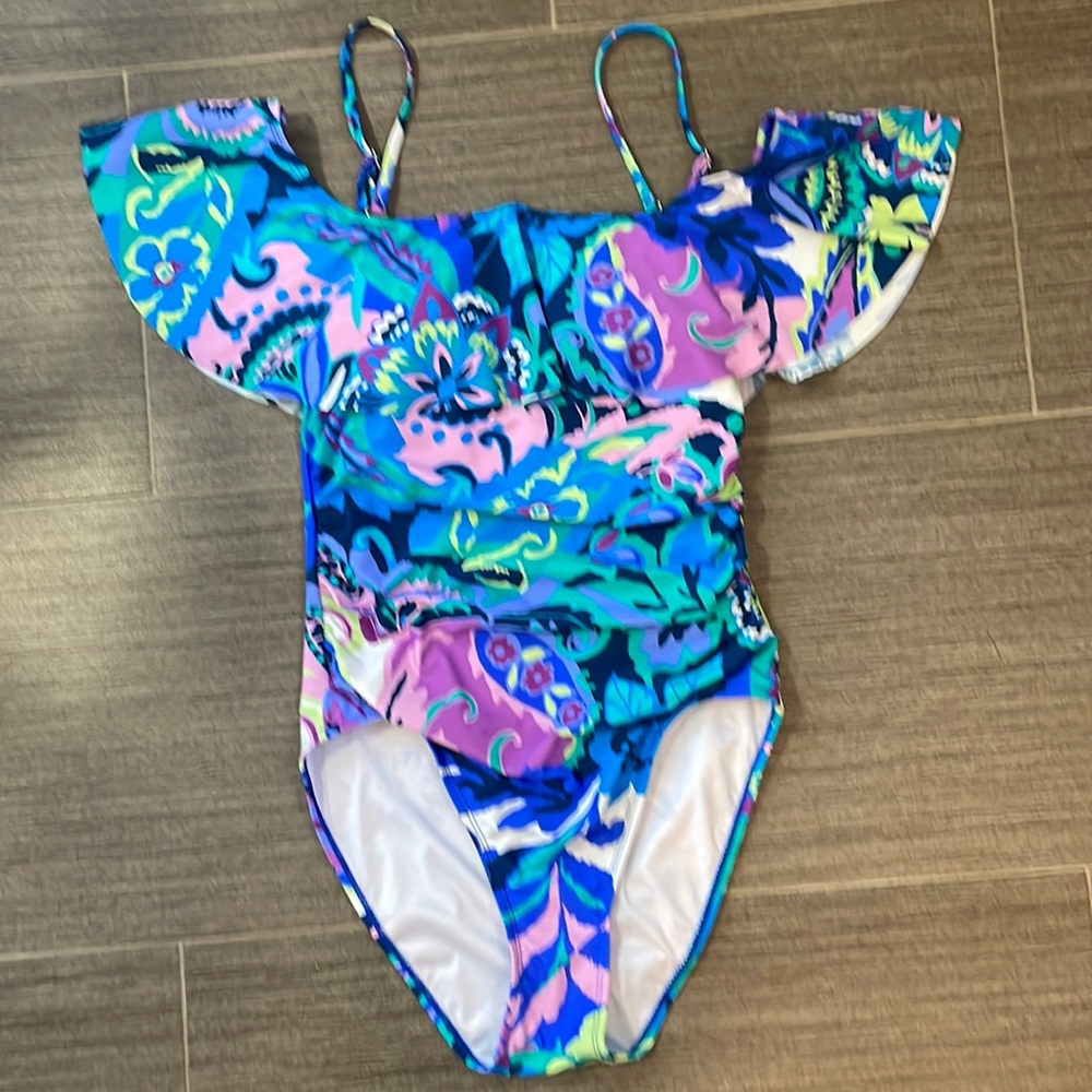Tahari Paisley blue 1 Piece Swimsuit Lg NWOT